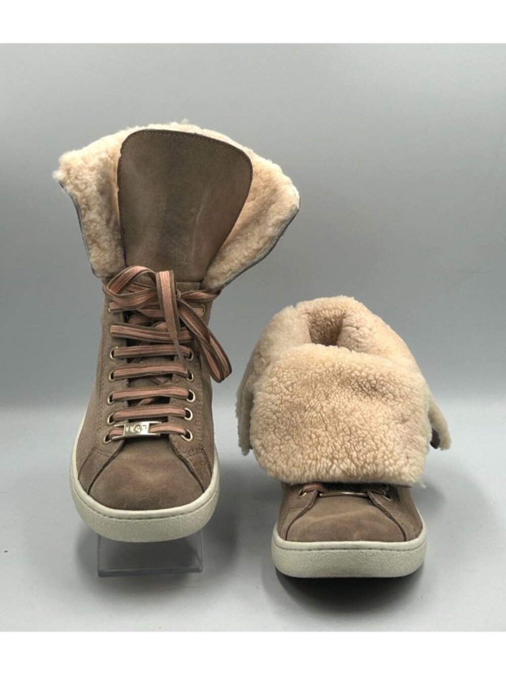 UGG Women's Beige Suede Starlyn Lace-Up Shearling High-Top Trainers Size7.5 3243 - Picture 3 of 16